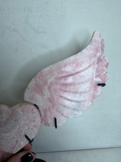 Pink Opal Angel Wings with Heart on Stand – 25cm