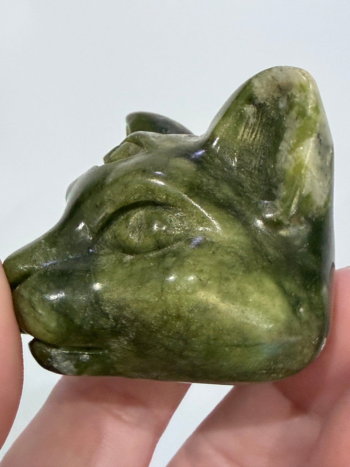 Green Serpentine Cat Head Carving – 5cm B