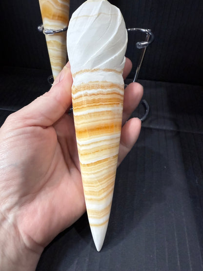 Orange Calcite Ice Cream Cone Carving (19cm | 367g) – Includes Stand