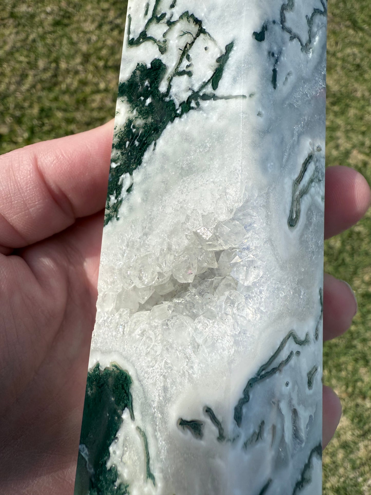 Extra Large Moss Agate Tower with Druzy 35cm 1.4kg