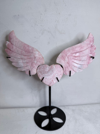 Pink Opal Angel Wings with Heart on Stand – 25cm