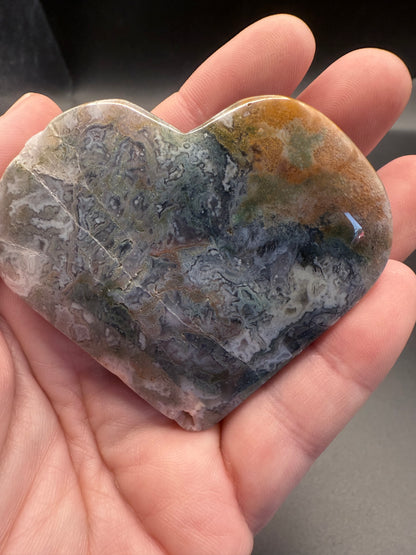 Moss Agate 6cm Free Standing Heart