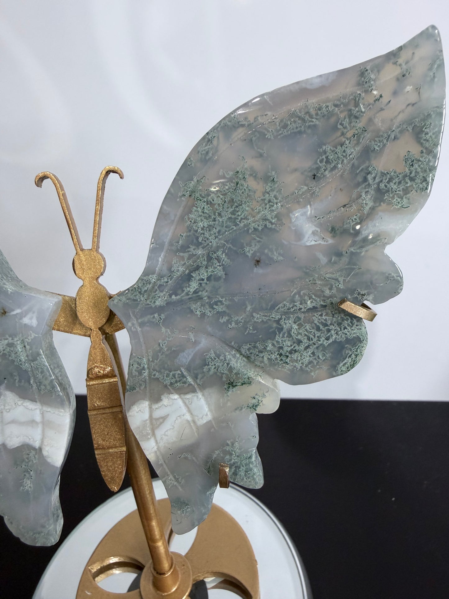 Moss Agate Butterfly Crystal Display on Stand – 16 cm