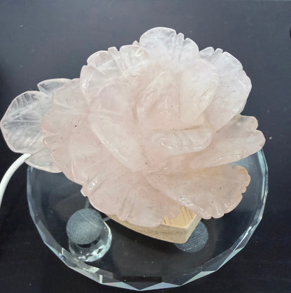 Rose Quartz Rose Carving with Light Base – 10 × 8 cm | 242g