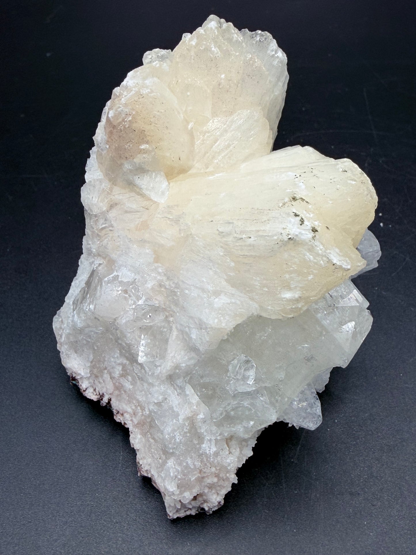 Stilbite on Apophyllite with Chrysocolla on Back