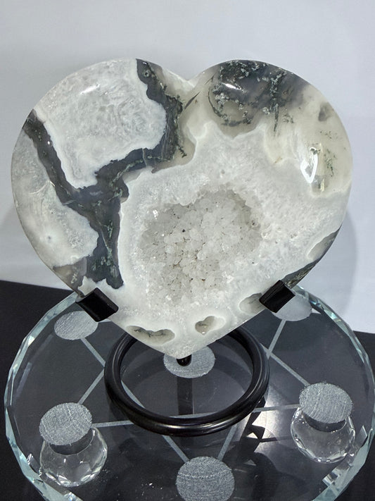 Moss Agate Druzy Heart with Stand 9.2cm -
