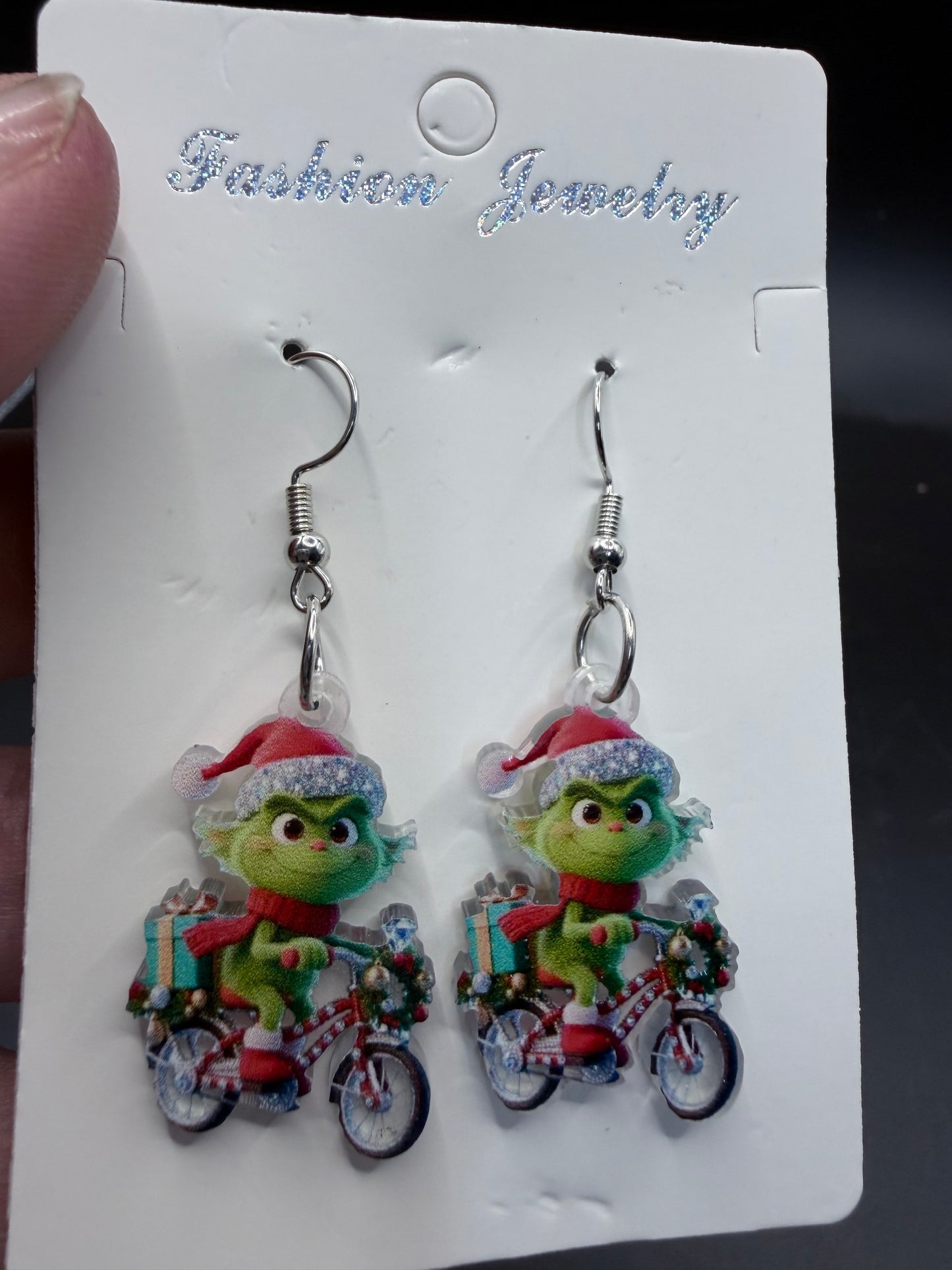The Grinch on a Bike – Christmas Earrings
