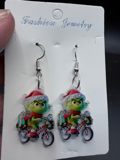 The Grinch on a Bike – Christmas Earrings