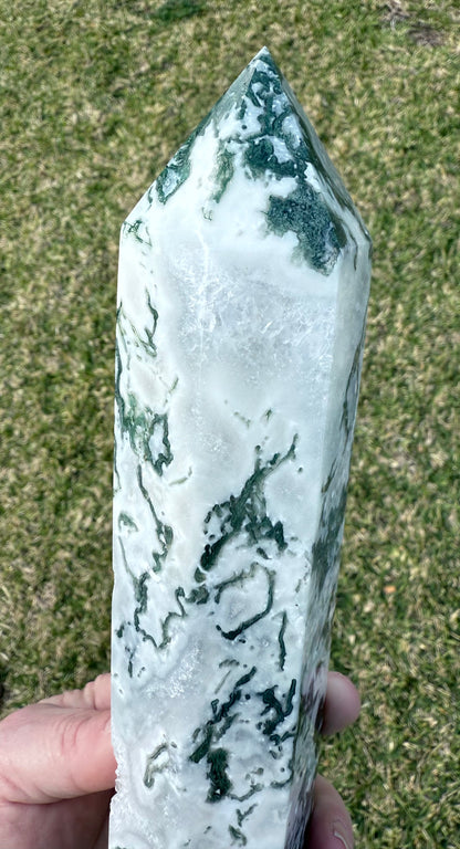 Extra Large Moss Agate Tower with Druzy 35cm 1.4kg