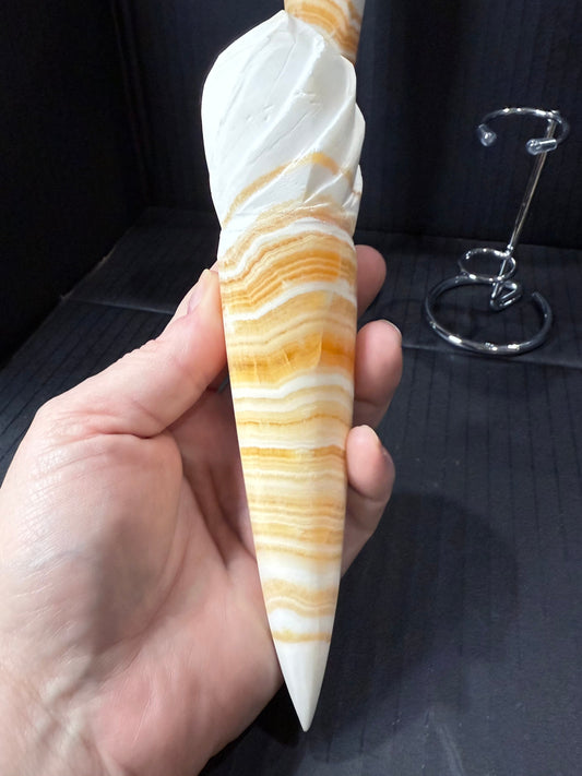 Orange Calcite Ice Cream Cone Carving (19cm | 367g) – Includes Stand