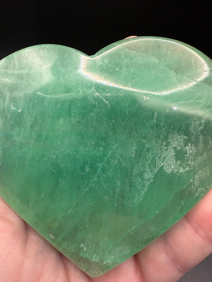 Green Fluorite Polished Heart with Stand – 388g 10.2 x 8.8