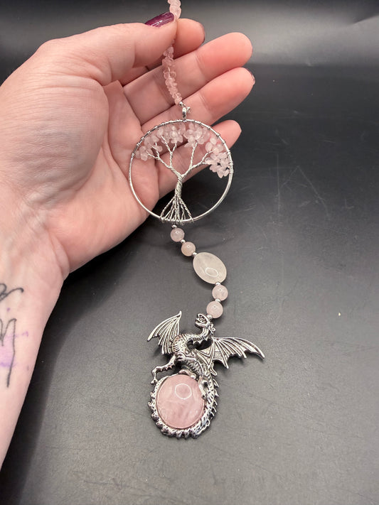 Rose Quartz Tree of Life with Dragon Hanging
