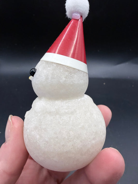 Snowman Sparkling White Marble Carving with Santa Hat – 8 cm