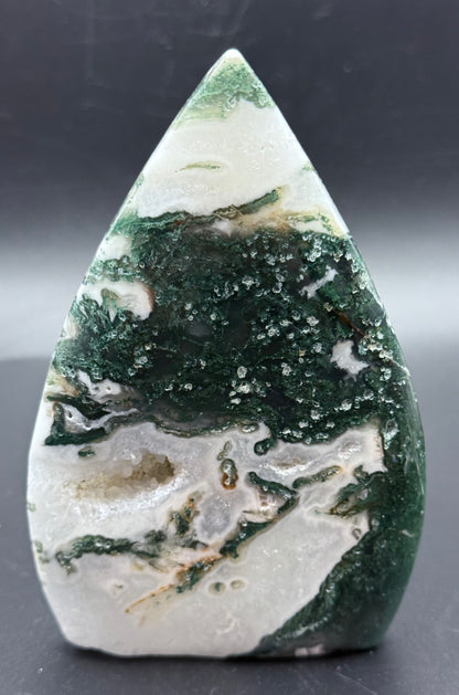 Moss Agate Freeform Point with Druzy Caverns