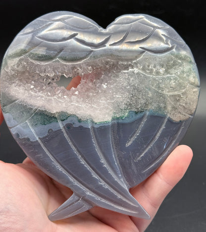 Stunning Agate Druzy Heart with Carved Feathers
