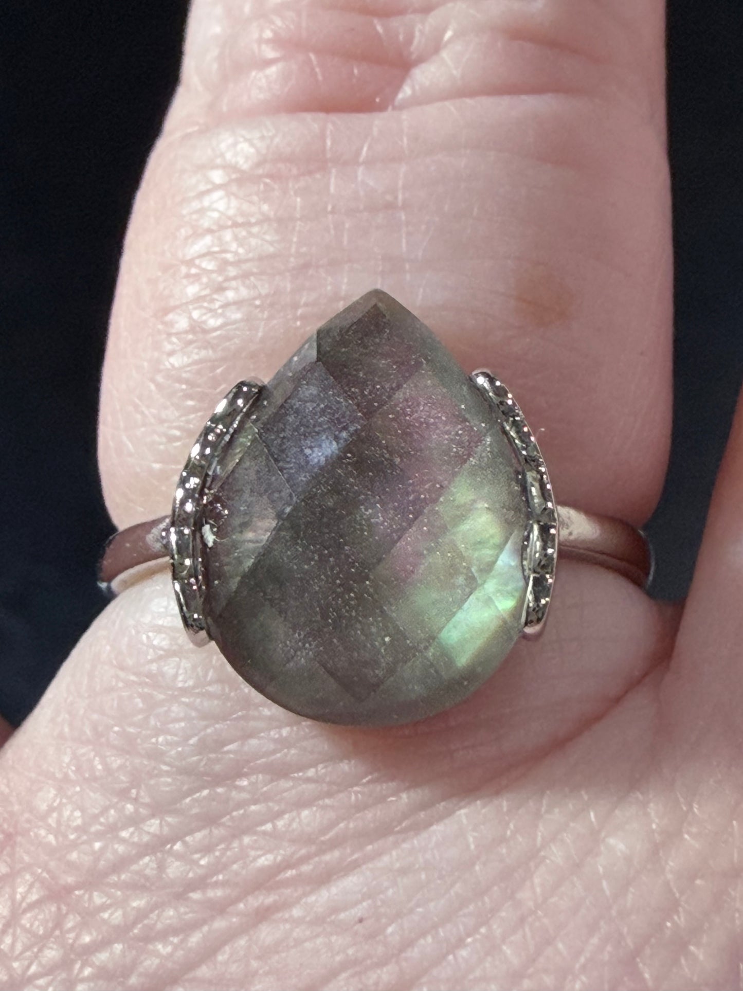 Natural Labradorite Ring | Faceted Teardrop Adjustable Ring