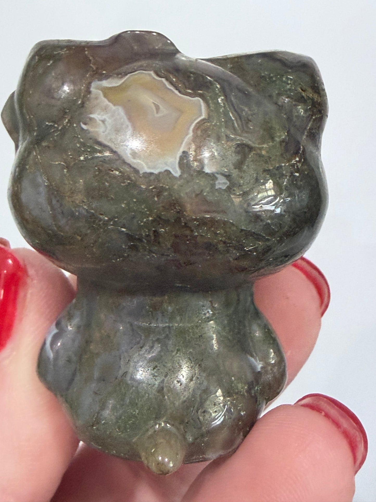 Hello Kitty Moss Agate Crystal Carving – 5cm Druzy Pocket