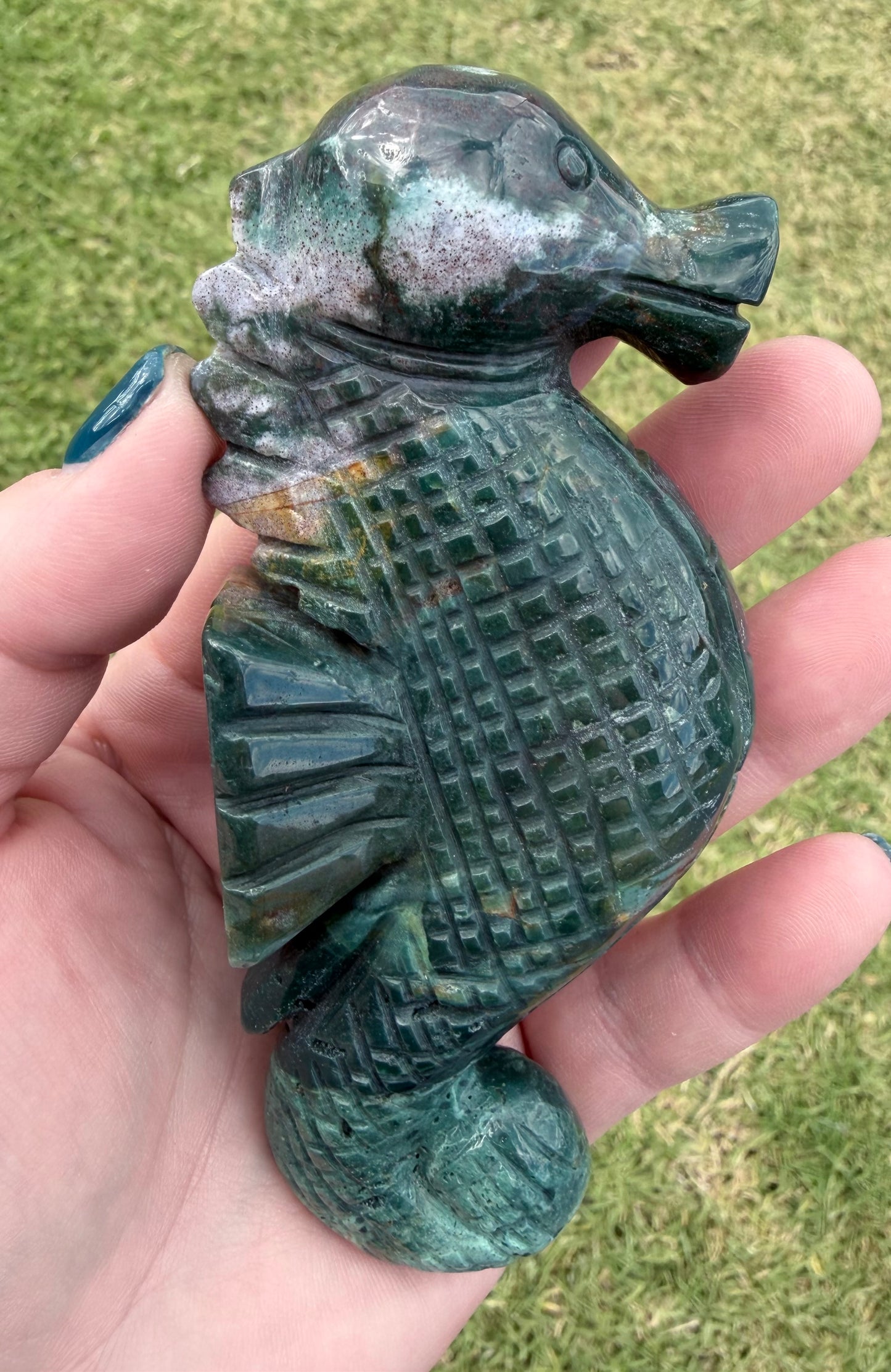 Ocean Jasper Seahorse on Silver Zodiac Stand 17cm on stand