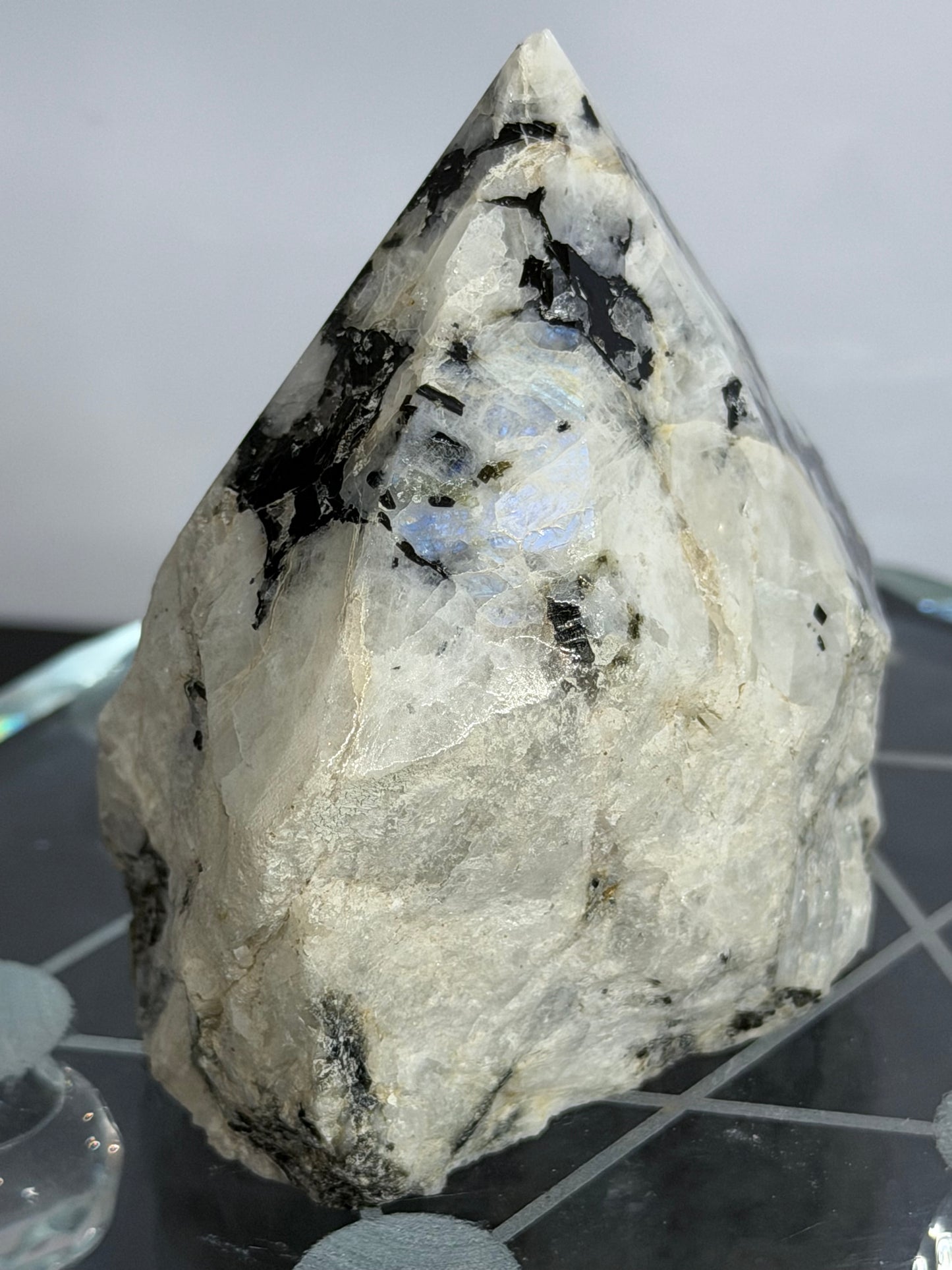 Rainbow Moonstone with Black Tourmaline & Pyrite Polished Point – 228g