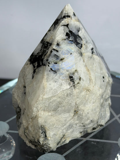 Rainbow Moonstone with Black Tourmaline & Pyrite Polished Point – 228g