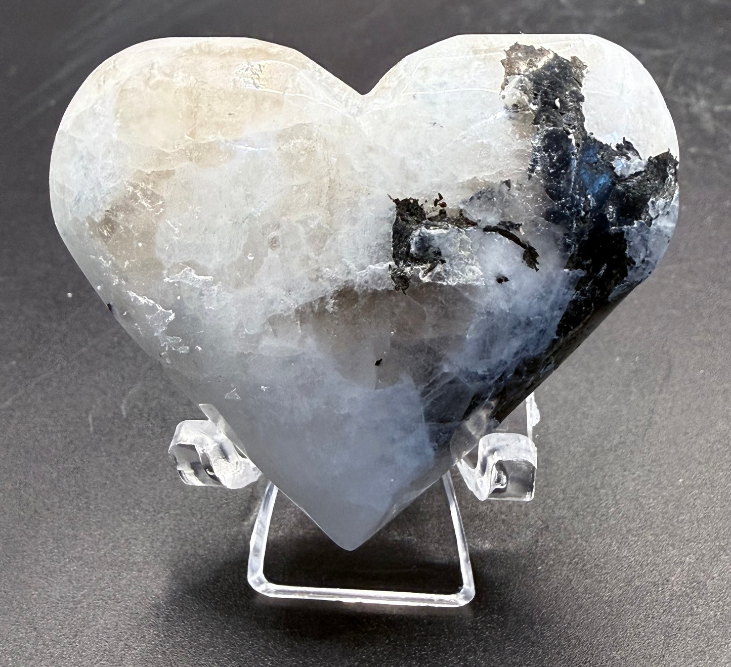 Rainbow Moonstone Heart (White Labradorite) with Black Tourmaline & Silver Mica – 5cm (50–60g)
