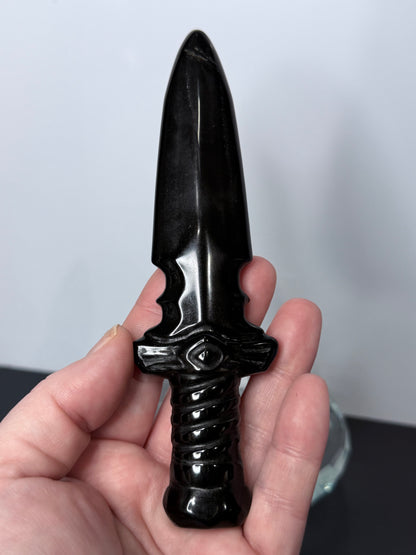 Black Obsidian Dagger Carving 15cm | Eye of Protection Crystal Sword