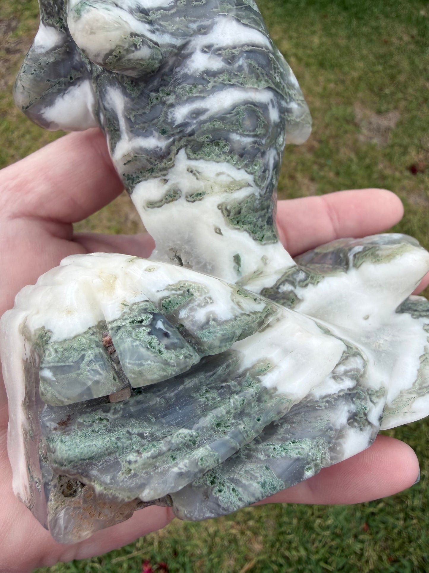 Moss Agate Dolphin Carving — 762g