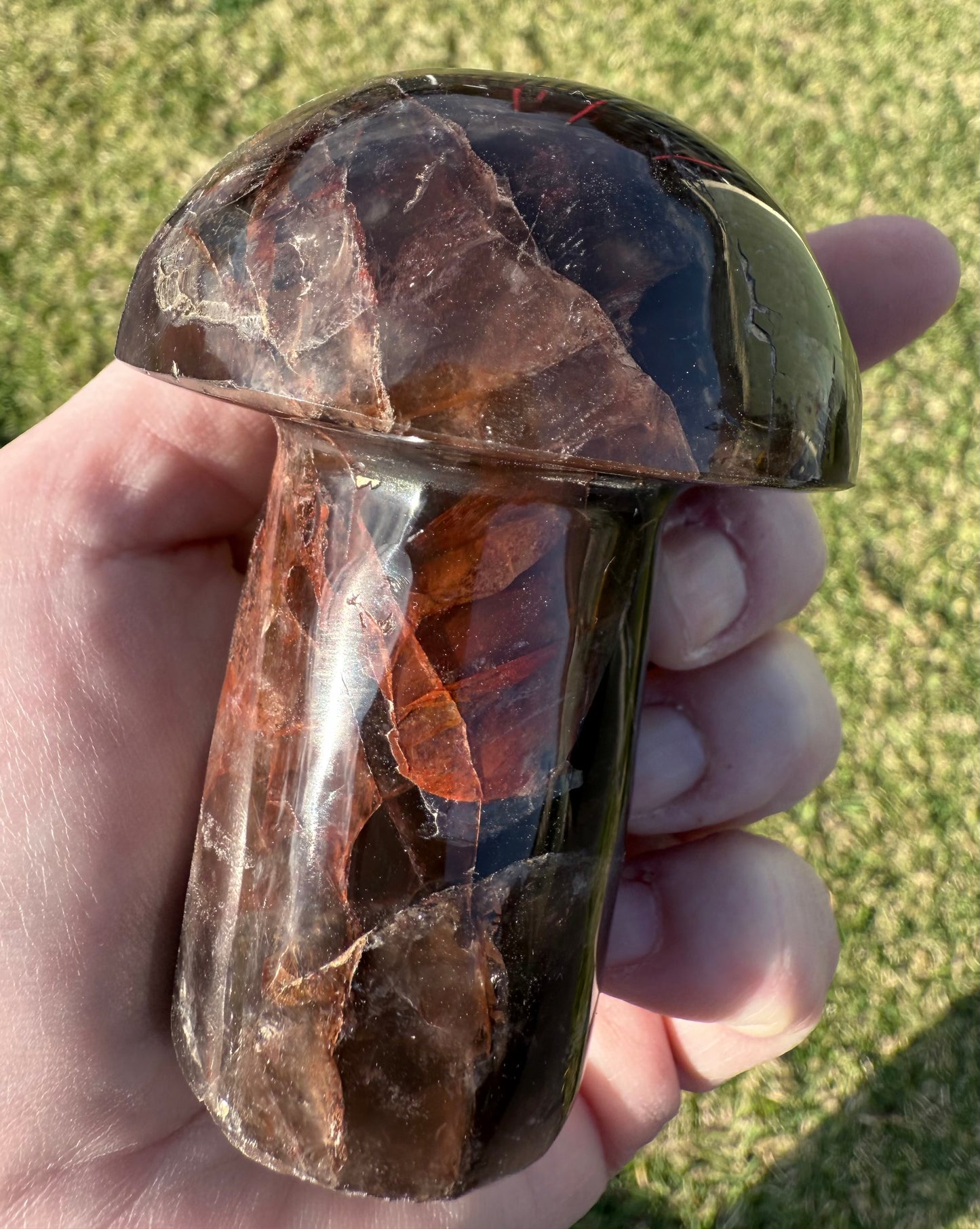 Red Fire Quartz in Smoky Quartz Mushroom