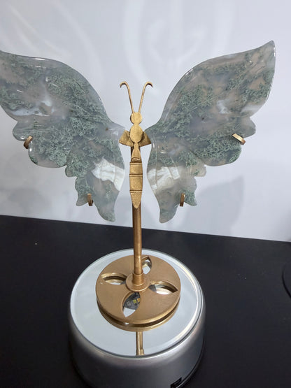 Moss Agate Butterfly Crystal Display on Stand – 16 cm