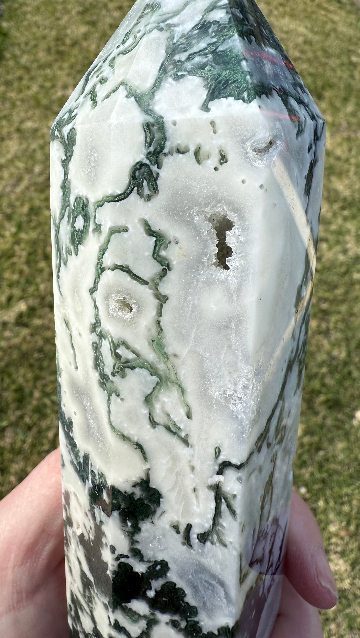 Extra Large Moss Agate Tower with Druzy 35cm 1.4kg