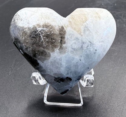 Rainbow Moonstone Heart (White Labradorite) with Black Tourmaline & Silver Mica – 5cm (50–60g)