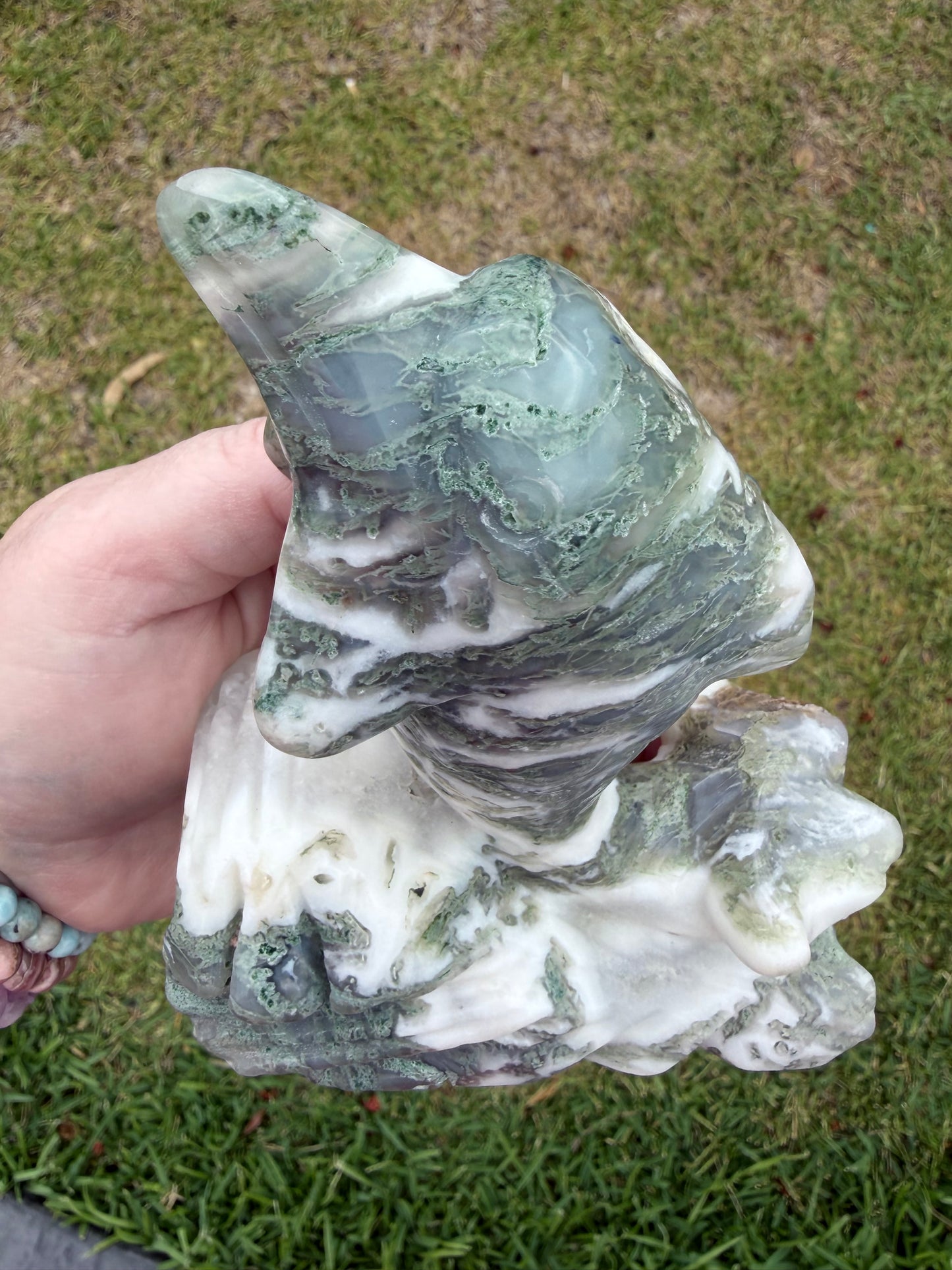 Moss Agate Dolphin Carving — 762g