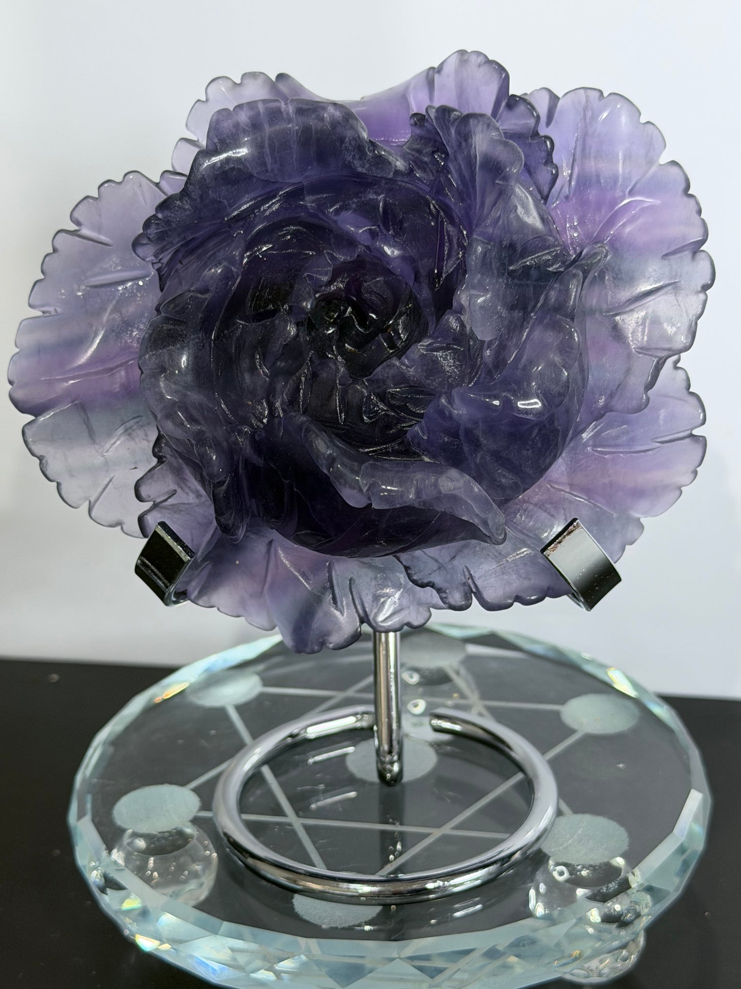 Rainbow Fluorite Rose Carving with Stand – 582g
