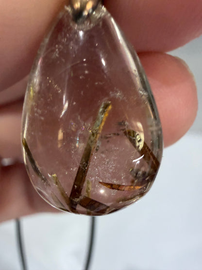 Green Tourmaline in Quartz Pendant with 925 Bail & Cord (2.2cm)