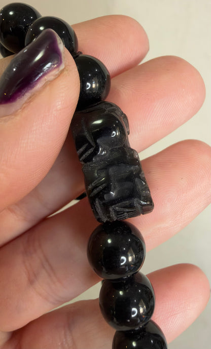 8mm Black Obsidian Bracelet with Silver Sheen Obsidian Pixiu