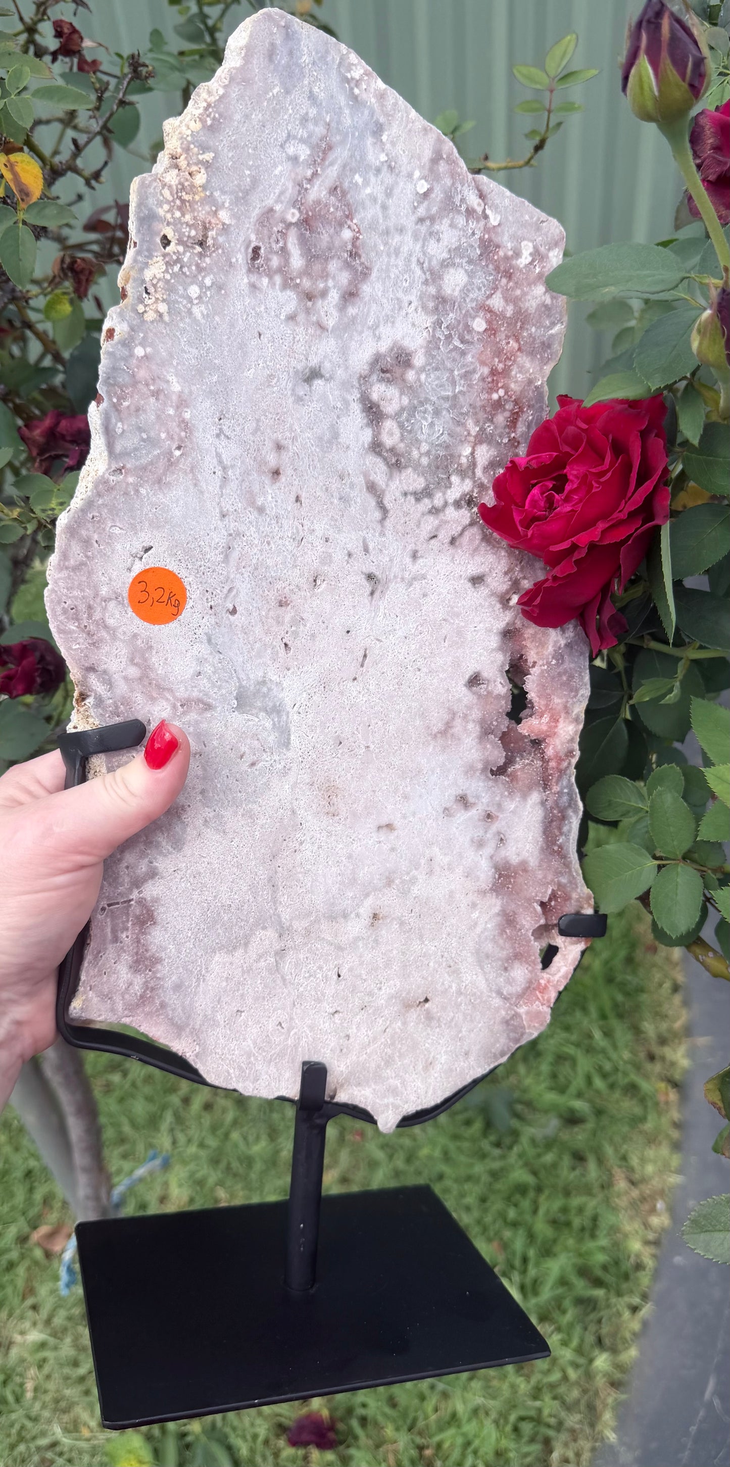 Large Botryoidal Pink Amethyst Druzy Slab on Stand – 3.2kg | 45cm Brazilian Statement Piece