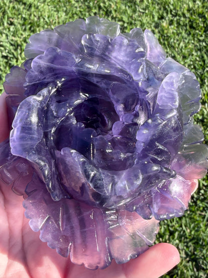 Rainbow Fluorite Rose Carving with Stand – 582g