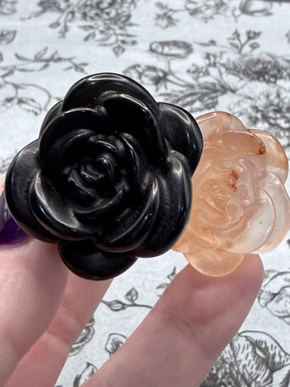 Black Obsidian & Fire Quartz Crystal Double Rose Stem (20cm)