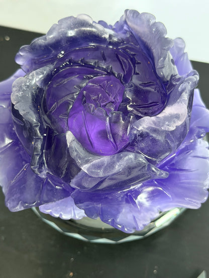 Purple Fluorite Rose Carving with Stand – 805g