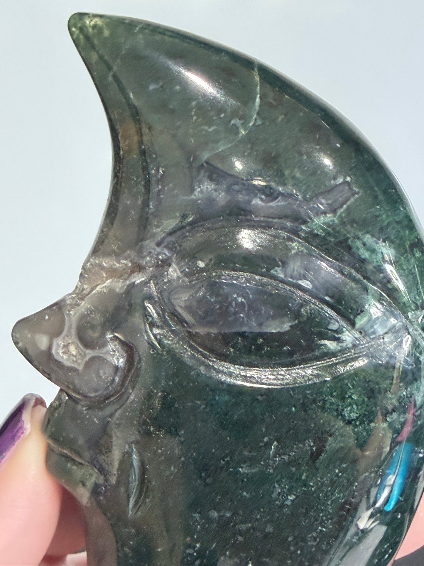 Moss Agate Moon Face Carving – 12cm