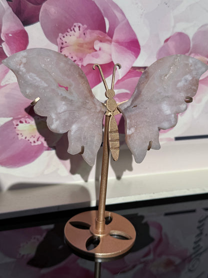 Flower Agate Butterfly on Gold Stand