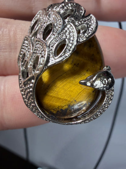 Tiger’s Eye Peacock Pendant Necklace | Natural Tiger’s Eye Crystal | 50cm Cord