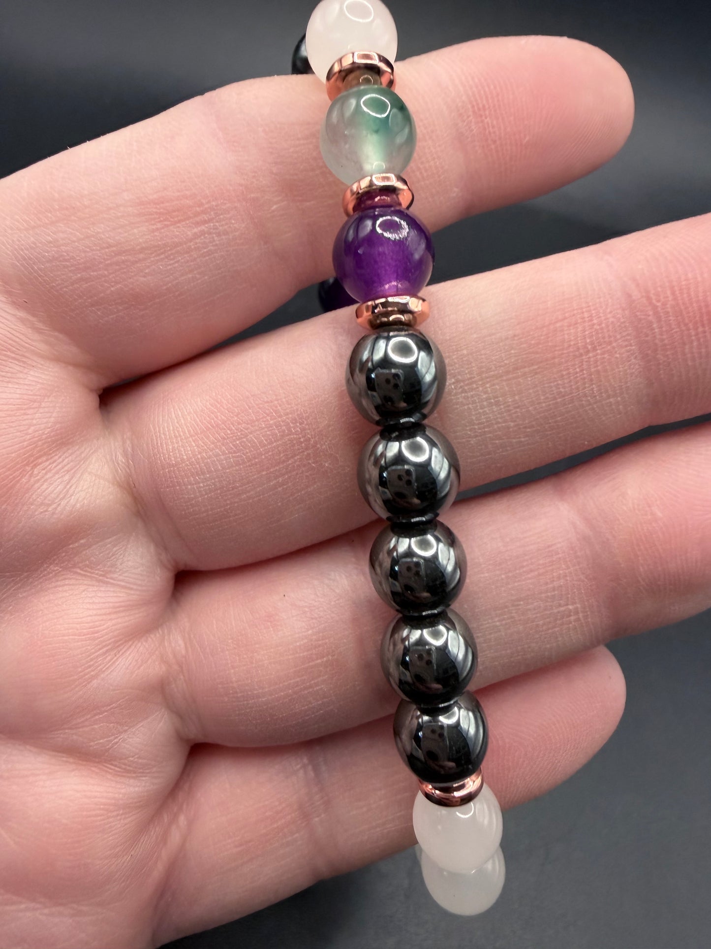 Amethyst • Green Fluorite • White Jade • Hematite Bracelet – 8mm
