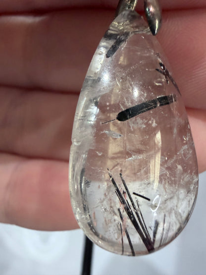 Black Tourmaline in Quartz Pendant with 925 Bail & Black Cord (3.4cm)
