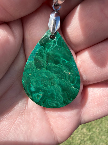 Malachite Teardrop Pendant Necklace – 50cm Rope Chain (Gift Box Included)
