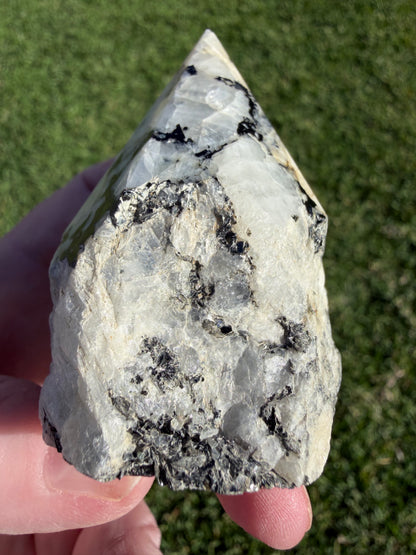 Rainbow Moonstone with Black Tourmaline & Pyrite Polished Point – 228g