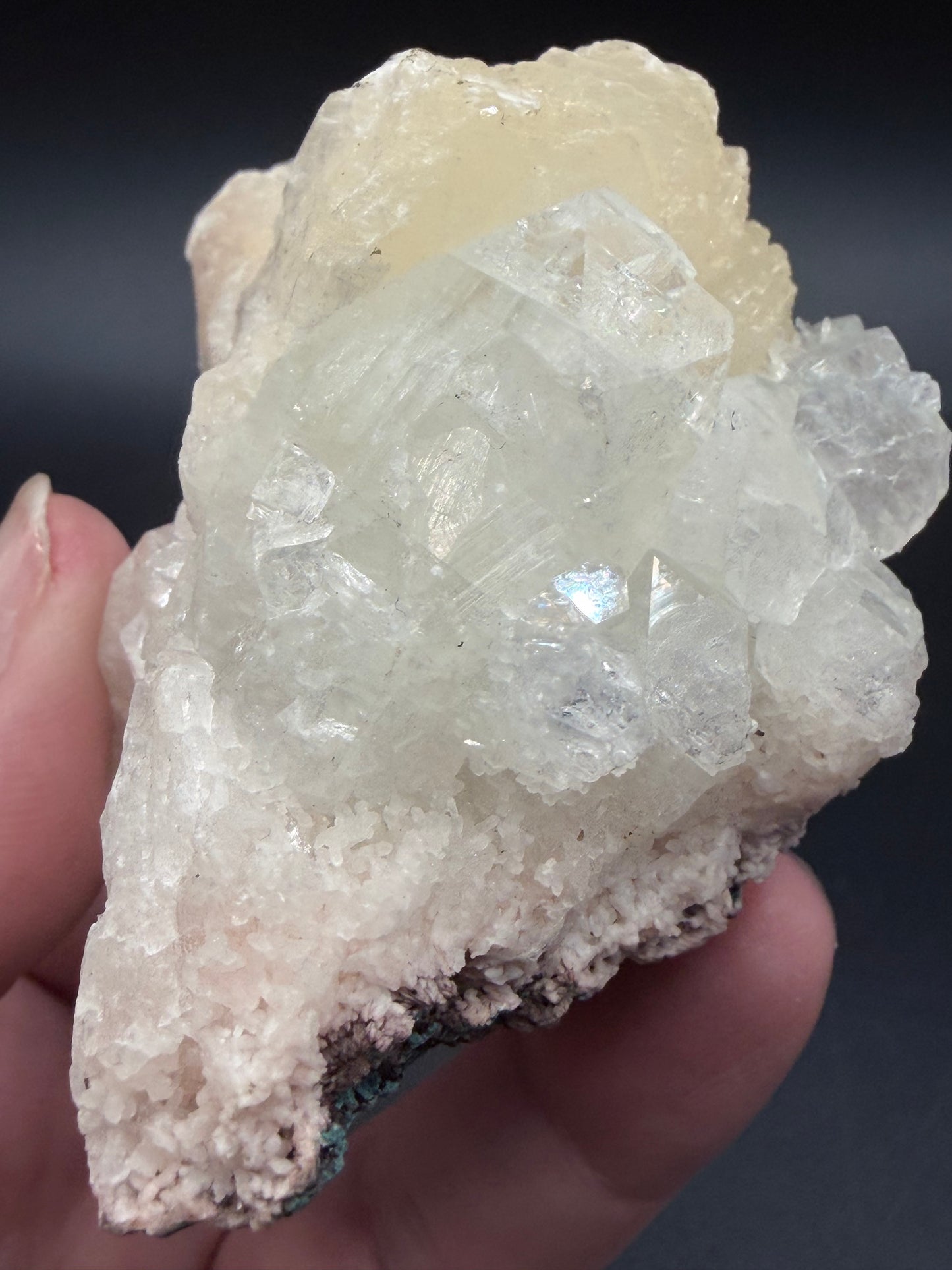 Stilbite on Apophyllite with Chrysocolla on Back