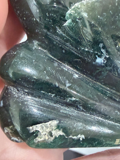 Moss Agate Moon Face Carving – 12cm