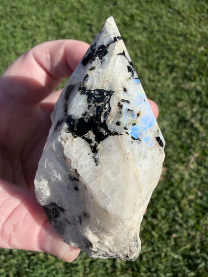Rainbow Moonstone with Black Tourmaline & Pyrite Polished Point – 228g