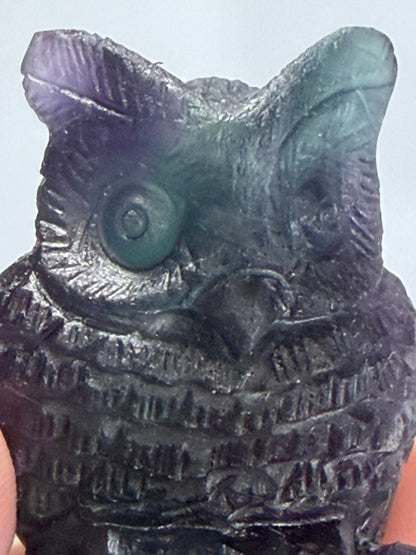 Rare Blue & Pink Rainbow Fluorite Owl Carving – 5.1cm